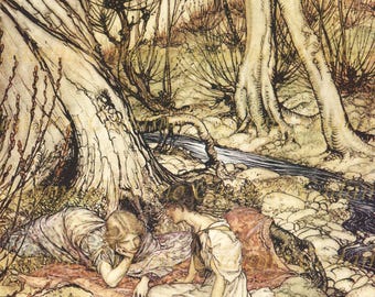 May include: Two women in long dresses sit by a stream in a forest. The women are sitting on a red blanket under a large tree. The forest is filled with bare trees and a small stream flows through the center of the image.