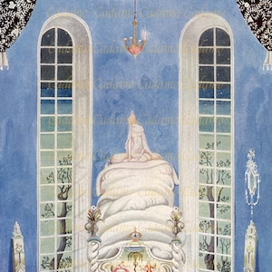 May include: Watercolor illustration of a bedroom with a large bed, two arched windows, and two chairs. The bed is the focal point, with a figure seated on top. The room is painted in shades of blue and white, with a chandelier hanging from the ceiling.