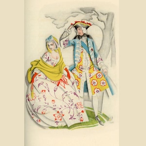 May include: A couple in 18th-century clothing. The woman wears a white dress with floral patterns and a yellow shawl. The man wears a blue and yellow patterned coat with a white cravat.