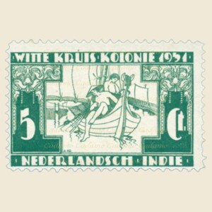 May include: A green and white stamp with the text "Witte Kruis Kolonie 1954" and "Nederlandsche Indie" and a picture of two people in a boat.