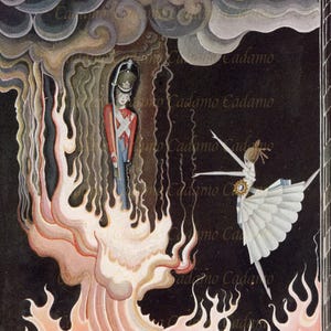 May include: An illustration depicting a soldier in a red coat and a ballerina in a white dress. The soldier stands in a smoky area, while the ballerina dances near flames. The artwork has a vintage, storybook style.