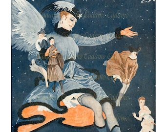 May include: Vintage art print titled "La Vie Parisienne" featuring a woman with wings and other figures against a starry blue background. The artwork has text in French and a classic illustration style, with a color palette of blues, oranges, and blacks.
