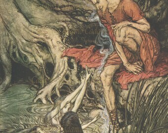 May include: An illustration depicting a scene from a fantasy story. A red-robed figure crouches near water, with three women in the water reaching up. The artwork has a vintage style, with muted colors and detailed linework, evoking a sense of mystery.