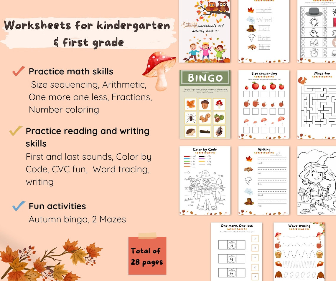 28 Pages Fall Worksheets & Activity Book for Kindergarten and First ...
