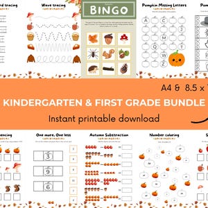 Op de afbeelding: Een bundel printbare werkbladen met herfstthema voor kleuters en groep 1. Bevat woordtracering, golf tracering, bingo, ontbrekende letters en nummer kleurplaten. De werkbladen zijn A4 en 8,5 x 11 inch.