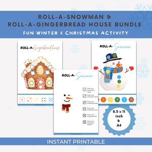 Op de afbeelding: Printbare Roll-A-Snowman en Roll-A-Gingerbread House spelbundel. Het spel bevat twee printbare vellen met instructies om een sneeuwpop en een peperkoekhuis te maken door met een dobbelsteen te gooien en de instructies te volgen. Het spel is 8,5 x 11 inch en is ook verkrijgbaar in A4-formaat.