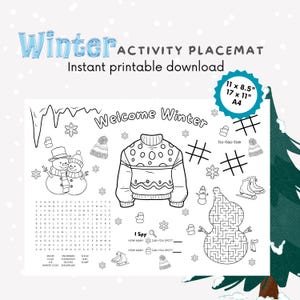 Op de afbeelding: Een zwart-witte printbare activiteiten placemat met een winterthema. De placemat heeft een sneeuwpop, een trui, een tic-tac-toe bord, een woordzoeker en een ik-zie-wat-jij-niet-ziet spel. De tekst "Welkom Winter" staat bovenaan de placemat.