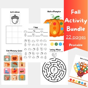 Op de afbeelding: Een printbare herfstactiviteitenbundel met 22 pagina's vol activiteiten voor kinderen. De bundel bevat een geheugenspel, een doolhof, een roll-a-pumpkin-spel, een roll-a-turkey-spel en een ik-zie-spel. De activiteiten zijn allemaal rondom de herfst gebaseerd en bevatten schattige illustraties van pompoenen, kalkoenen, eikels en andere herfstthema's.