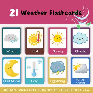 21 Cartes météo | Cartes météo pour les enfants d'âge préscolaire | Activités pour les tout-petits | Matériel Montessori | Cartes éducatives imprimables arc-en-ciel