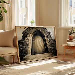 Gothic Church Door Print: Sepia Stonework Photography (Digital Download)