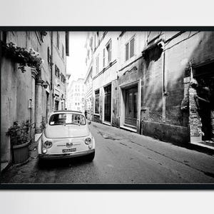 Vintage Fiat 500 Print | Rome Street Photography | Black and White Digital Art | Italian Cityscape Wall Decor