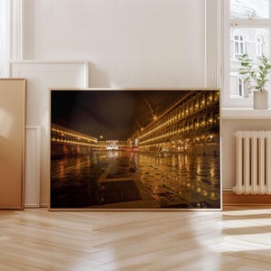 Venice Nightscape | Rainy Piazza San Marco | Digital Art Print | Golden Reflections | Italian Travel Photography