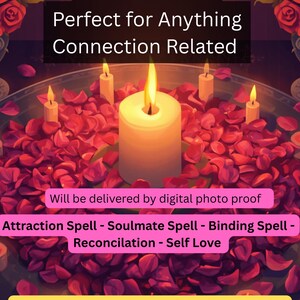 Könnte beinhalten: Eine digitale Grafik mit einer zentralen brennenden Kerze, umgeben von roten Rosenblättern und kleineren Kerzen. Text: LOVE SPELL RITUAL, Perfect for Anything Connection Related, Will be delivered by digital photo proof, Attraction Spell - Soulmate Spell - Binding Spell - Reconciliation - Self Love, Opposite as well example: 3rd party removal, connection removal, ect.