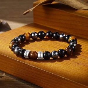 Personalized Men's Beaded Bracelet: Tiger's Eye & Obsidian Name Bracelet For Men,Kid's Name Gift For Dad