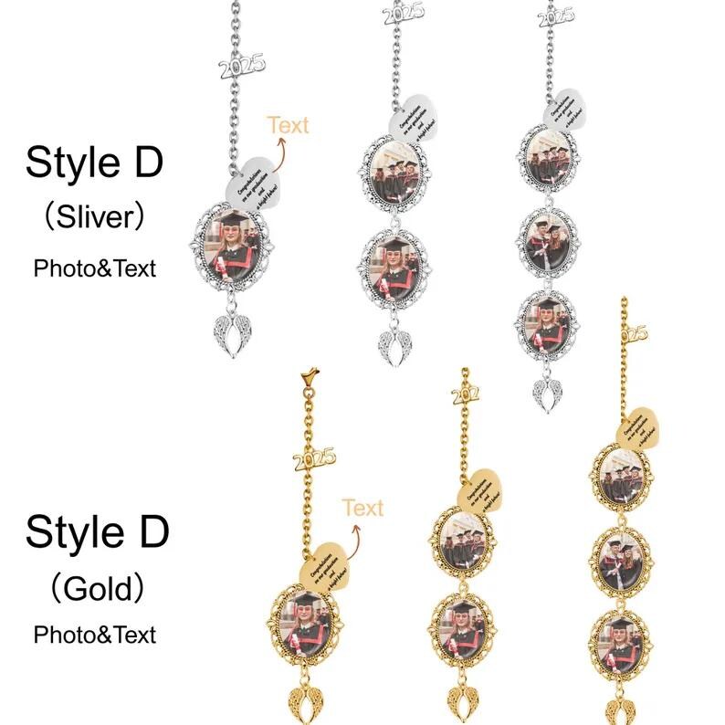 May include: Graduation photo ornaments in silver and gold. Each ornament features a chain with a 2023 charm, a photo frame, and an angel wing charm. The silver and gold ornaments have space for a photo and text.