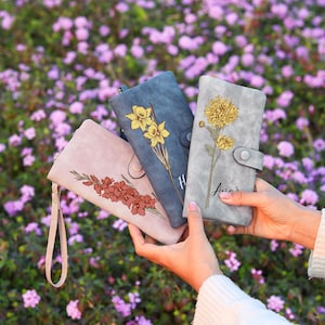 Carteira de couro feminina personalizada, flor de nascimento e nome personalizados, carteira de presente para o dia das mães, presente de flores para a mãe, para a avó, para a babá