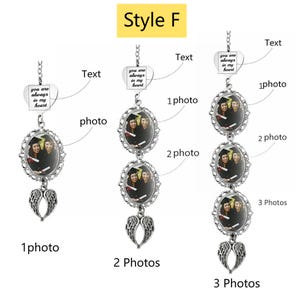 May include: Silver-toned photo car charms with oval frames and angel wing charms. Each charm holds one, two, or three photos. The charms have a heart-shaped top with the text "you are always in my heart".