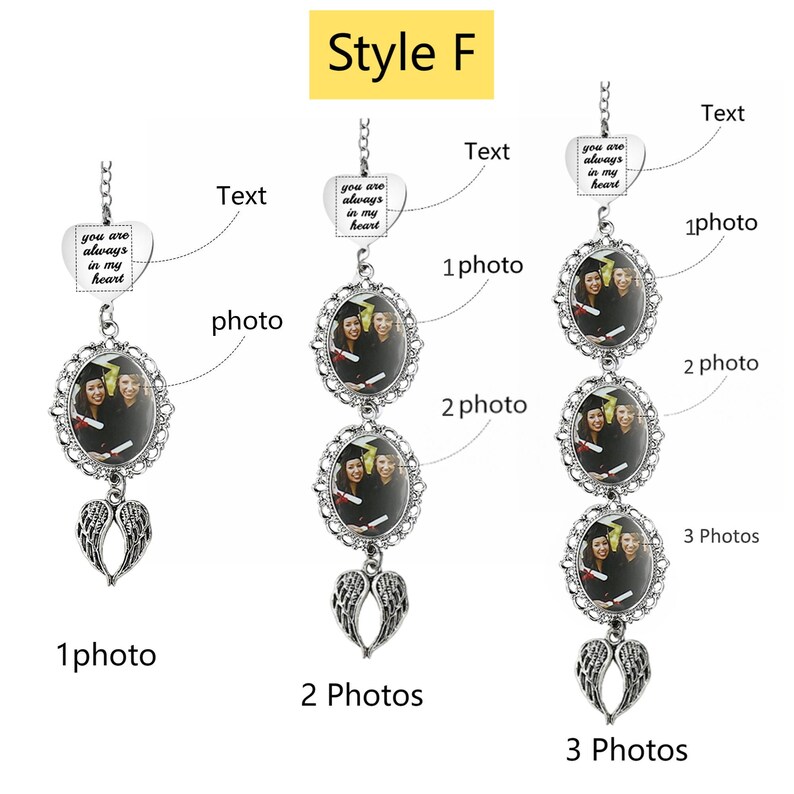 May include: Silver-toned photo car charms with oval frames and angel wing charms. Each charm holds one, two, or three photos. The charms have a heart-shaped top with the text "you are always in my heart".