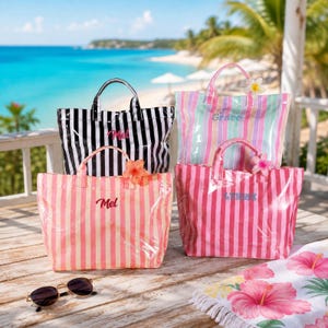 Personalized Waterproof Tote Bag With Names,Embroidered PVC Pool Striped Bag, Large Striped Beach Tote Waterproof Bridesmaid Proposal Gift