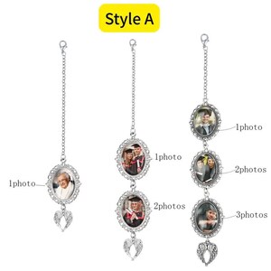 May include: Silver photo car charms with oval frames and angel wing charms. The charms hold one, two, or three photos. The text "Style A" is in a yellow rectangle.
