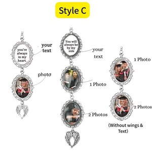May include: Silver-toned graduation photo ornaments with oval frames and angel wing charms. The ornaments can hold one or two photos and feature text like "You're always in my heart" and "You will always be by my side."