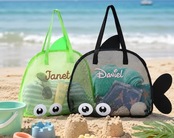 Custom Embroidered Kids Beach Bag Mesh Fish Beach Tote Personalized Children's Beach Tote Bag Seashell Collection Toy Storage
