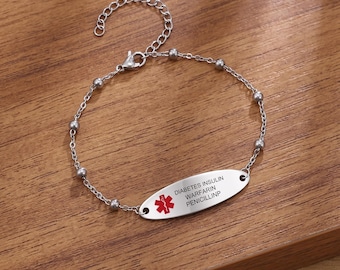Personalized Medical Id Bracelet Women, Medical Alert Bracelet,Medical Jewelry Bar Bracelet, Allergy Alert, Emergency Bracelet Autism