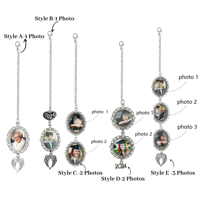 May include: Silver photo car charms with various designs. Styles include single photo charms with angel wings, a heart with "2024", and multiple photo charms. Each charm has a chain and clasp for hanging. Ideal for graduation gifts.