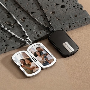 Personalized Men's Photo Locket Necklace,2 Photos Pendant with Text, Gift for Husband, Boyfriend, Dad, Memorial Keepsake,Gift for Him