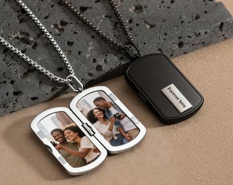 Personalized Men's Photo Locket Necklace,2 Photos Pendant with Text, Gift for Husband, Boyfriend, Dad, Memorial Keepsake,Gift for Him