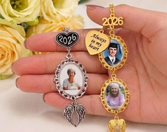 Borla de graduación personalizada, amuleto con foto y texto personalizados 2026 con ala de ángel, conmemorativa de graduación, borla conmemorativa de graduación para birrete de graduación.