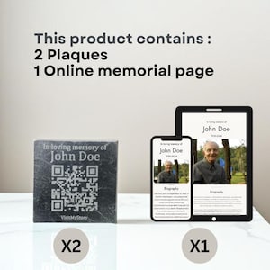 May include: Two black slate plaques with a QR code and the text "In loving memory of John Doe" and "VisitMyStory". A black tablet and a black smartphone display a memorial page with a photo of John Doe and the text "In loving memory of John Doe 1930-2024" and "Biography".