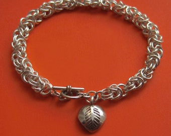 Sterling Silver Byzantine Bracelet With Hill Tribe Heart Leaf Charm, Toggle Woven Ancient Thick Chain Pattern Elegant Classic Love Mom Gift