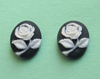 Black and White Rose Flower Cameo Sterling Silver Studs, Small Pierced Vintage Style Button Earrings Gift for Mom Woman Wife Grandmother Her