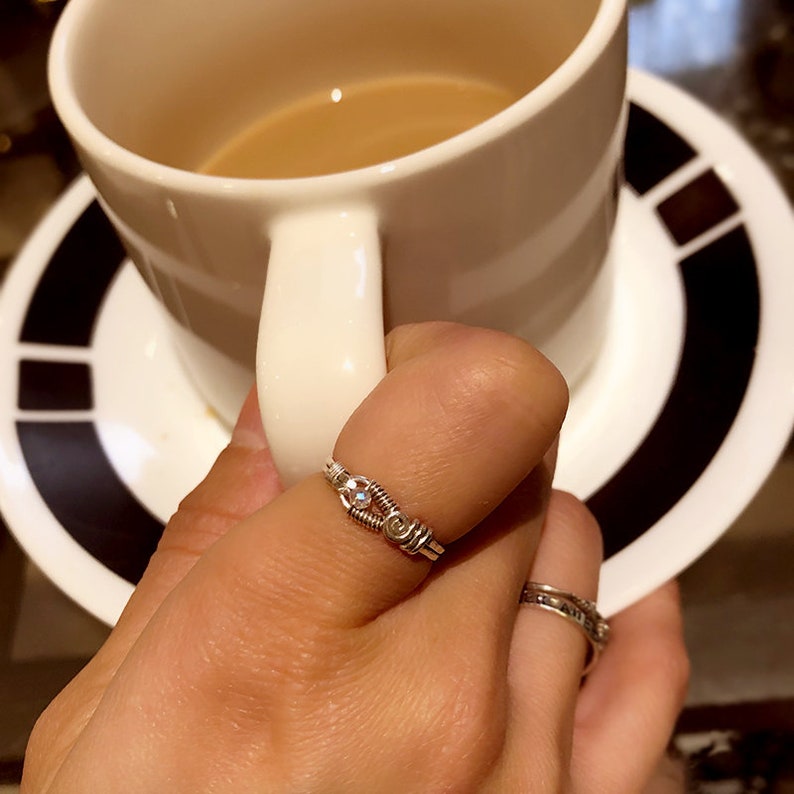 Intricate Sterling Silver Tiny Moonstone Ring Wire Wrapped Scroll Band Detailed Small Blue Flash Gemstone Midi Pinky Thin Gift for Sis Girl