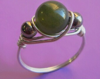 Sterling Silver Wire Wrapped B.C. Jade and Pyrite Ring, Right Hand Modern Green Bead Ball Semiprecious Gemstone Organic Artisan Jewelry