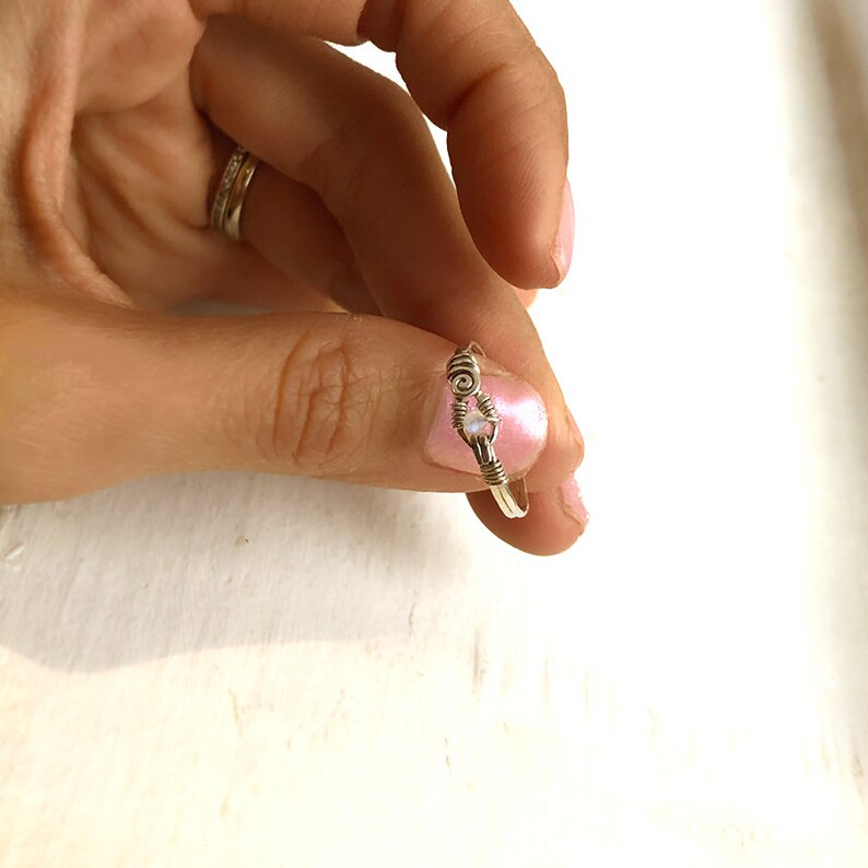 Intricate Sterling Silver Tiny Moonstone Ring Wire Wrapped Scroll Band Detailed Small Blue Flash Gemstone Midi Pinky Thin Gift for Sis Girl