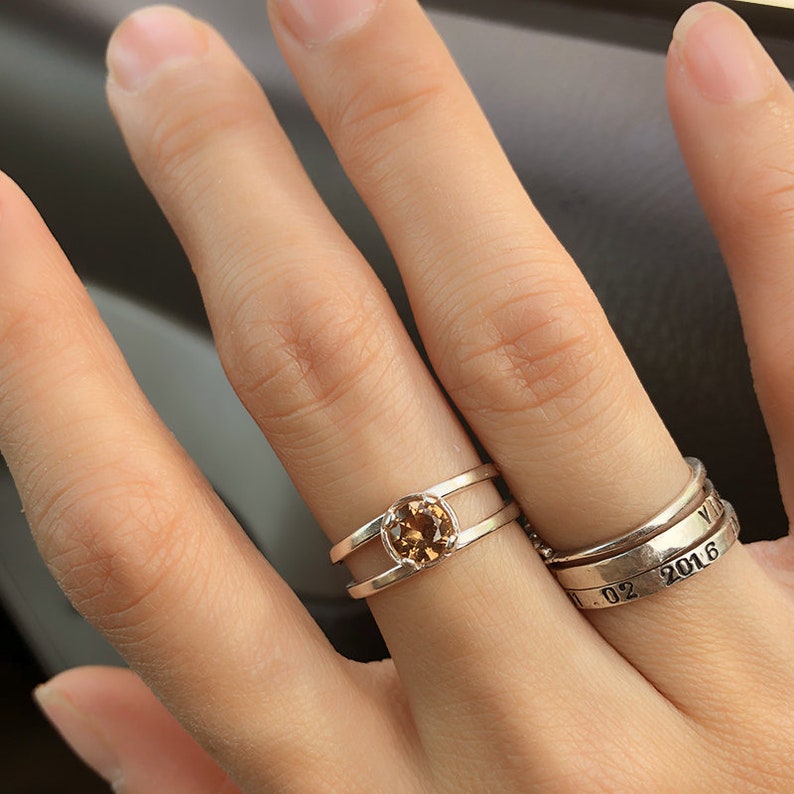 Adjustable COLOR CHANGE Diaspore Sterling Silver Ring Nanosital CZ Gemstone Brown Pink Peach Green Thumb Chameleon Double Band Gift for Her