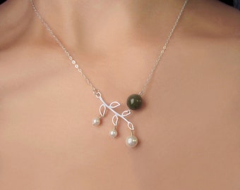BC Jade and Sterling Silver Leaf Necklace with Swarovski Pearl Drops, Bridesmaid Girlfriend Mother Green Lucky Gift for Wife Sis Aunt Her