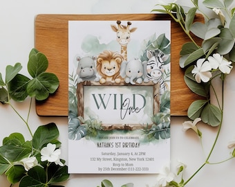 Wild One, Wild One compleanno, invito Wild One, invito di compleanno Wild One, invito Wild One modificabile, invito di compleanno Safari, giungla