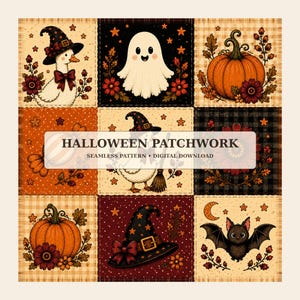 May include: A digital patchwork pattern featuring nine square tiles with Halloween motifs including a ghost, pumpkins, a bat, and a duck wearing a witch hat. The central text reads HALLOWEEN PATCHWORK SEAMLESS PATTERN DIGITAL DOWNLOAD.