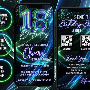 18th birthday, 18th birthday invitation, 18th birthday invitations, Neon Green Animated Music Eighteenth Party Invitation for Men