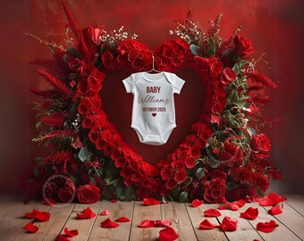Schwangerschaftsverkündung zum Valentinstag, rote Rosen, elegante Baby-Enthüllung (digitale Vorlage)