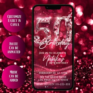 50th birthday invitation, 50th birthday invitations, 50th birthday invite, 50th birthday party women, 50th elegant pink crystal invitations