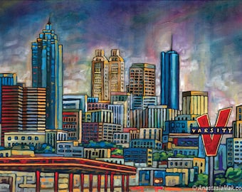 Atlanta skyline, Atlanta art, Atlanta print, downtown Atlanta, the Varsity, by Anastasia Mak