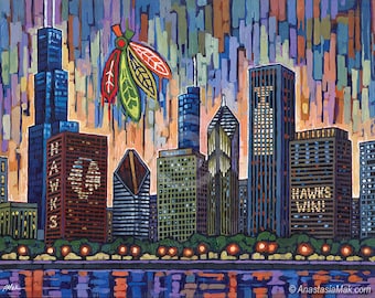 Chicago Blackhawks art print, Chicago Hockey, Blackhawks Skyline, Stanley Cup, Go Hawks, Chicago Sports, by Anastasia Mak