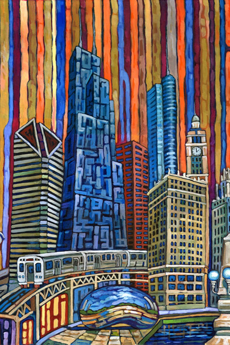 Chicago art Orange Chicago Chicago buildings Sears Tower Etsy