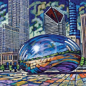 Chicago Bean, Chicago print, Summer Bean, Chicago landmark, downtown Chicago, Cloud Gate, by Anastasia Mak image 1