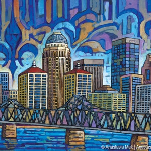 Louisville print, Louisville art, Louisville skyline, Blue Louisville, fleur de lis, by Anastasia Mak