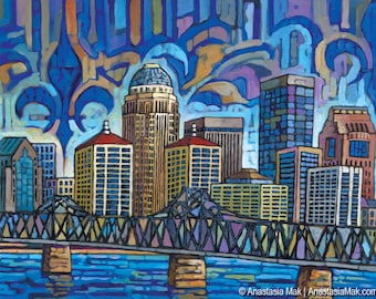 Louisville print, Louisville art, Louisville skyline, Blue Louisville, fleur de lis, by Anastasia Mak